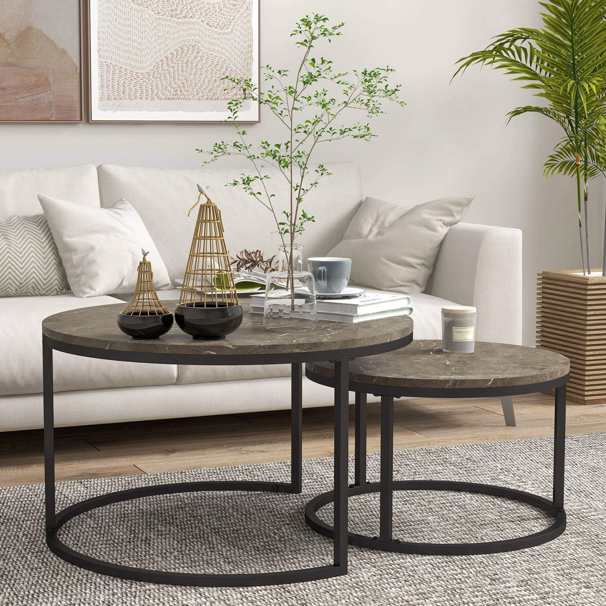 HOMCOM Industrial Nesting Coffee Table Set of 2, Round Coffee Tables, Living Room Table with Faux Marbled Top and Steel Frame