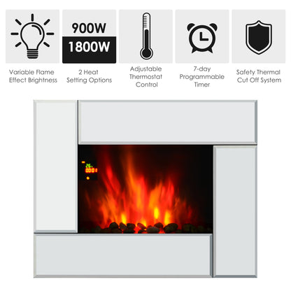 HOMCOM 1800W Wall Mounted Electric Fireplace Heater 7 Coloured LED Light Fire Glass Screen with Pebble Effect & Remote Control