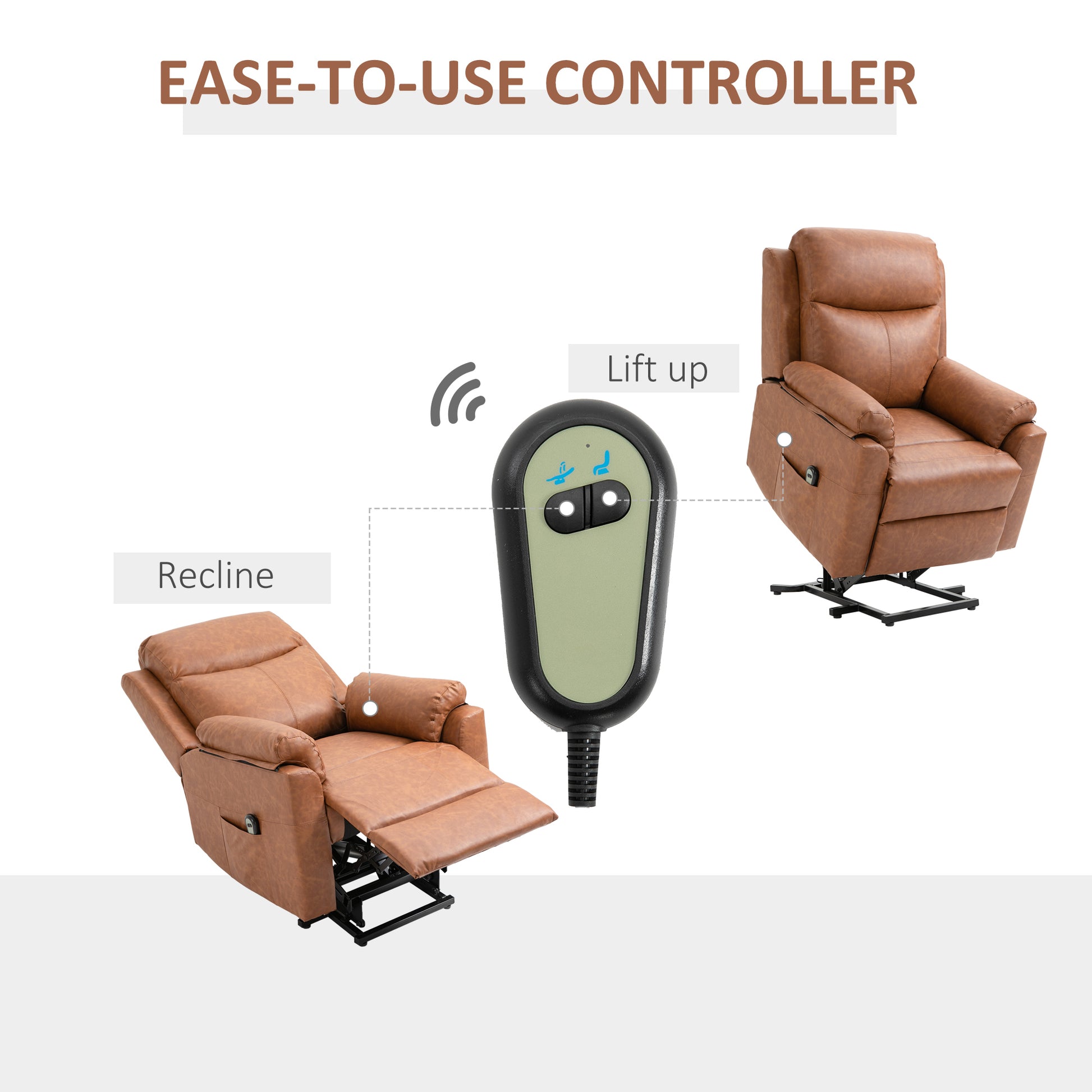 HOMCOM Power Lift Chair Electric Riser Recliner for Elderly, Faux Leather Sofa Lounge Armchair with Remote Control and Side Pocket, Brown