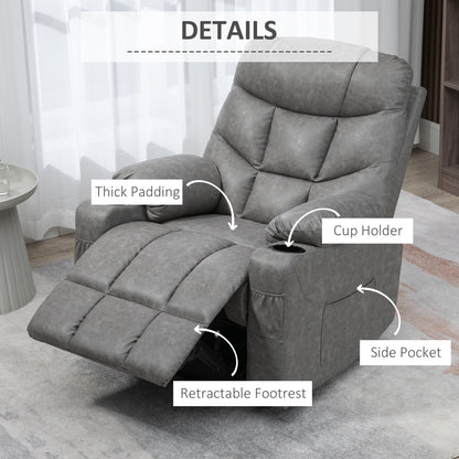 HOMCOM Manual Reclining Chair, Recliner Armchair with Faux Leather, Footrest, Cup Holders, 86x93x102cm, Grey