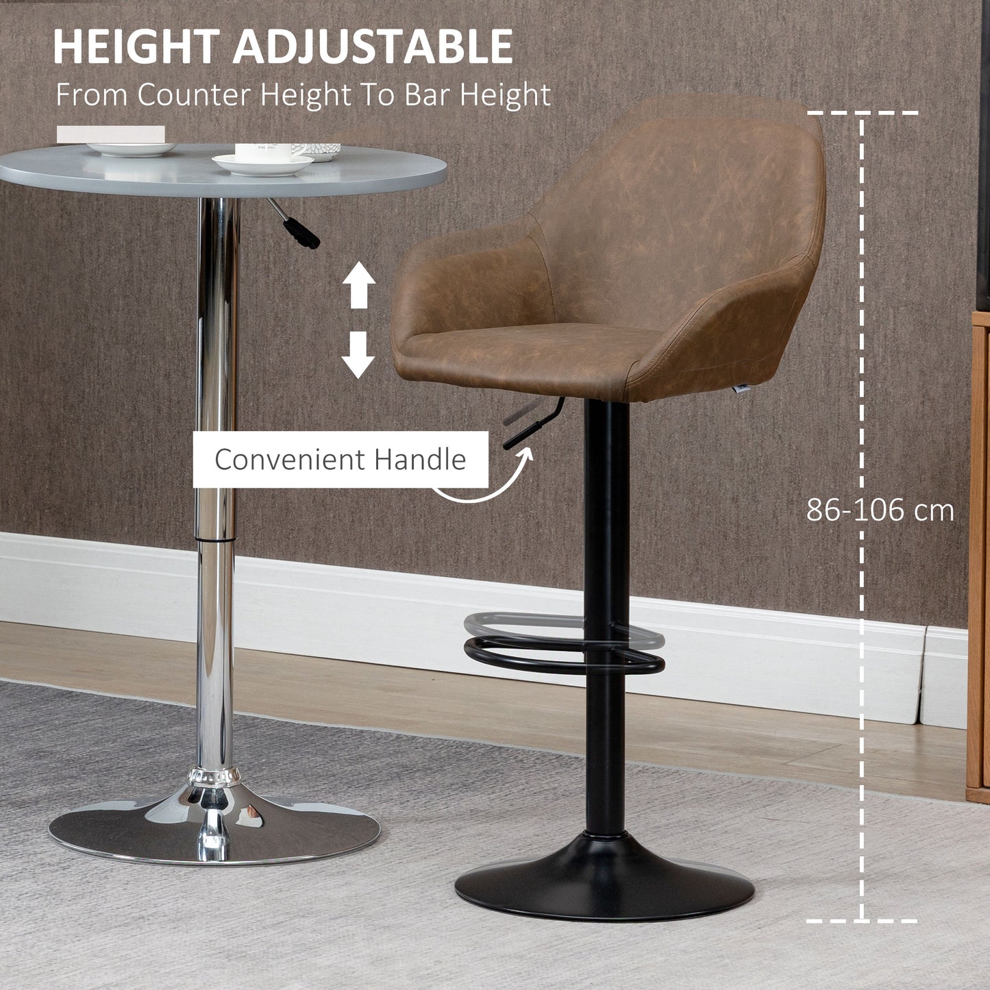 HOMCOM Adjustable Bar Stools Set of 2, Swivel Barstools with Footrest and Backrest, PU Leather Steel Base, for Kitchen Counter Dining Room Dark Brown