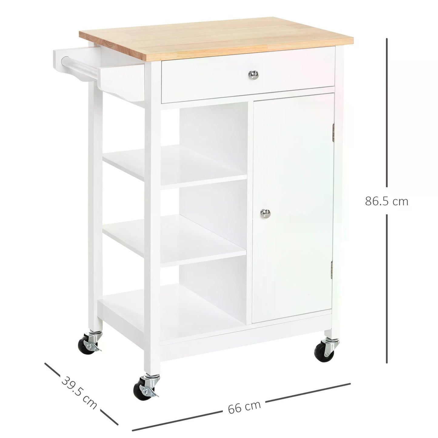 HOMCOM Kitchen Storage Trolley Unit w/ Wood Top 3 Shelves Cupboard Drawer Rail 4 Wheels Handles Moving Shelf Handy Spacesaver White