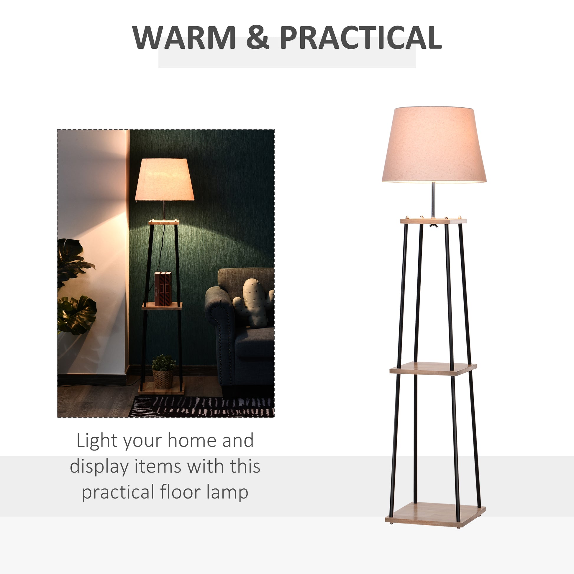 HOMCOM Metal Tripod Floor Lamp w/ 3-Tier Shelves Foot Switch Modern Stylish E27 Lampshade Base  Functional Duo Design