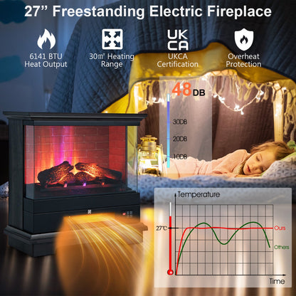 2000W Electric Fireplace Heater with 3-Level Vivid Flame-Black