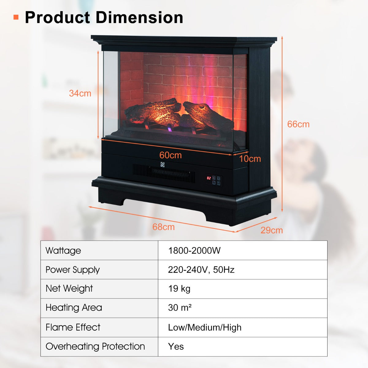 2000W Electric Fireplace Heater with 3-Level Vivid Flame-Black