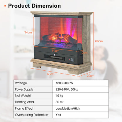 2000W Electric Fireplace Heater with 3-Level Vivid Flame-Brown