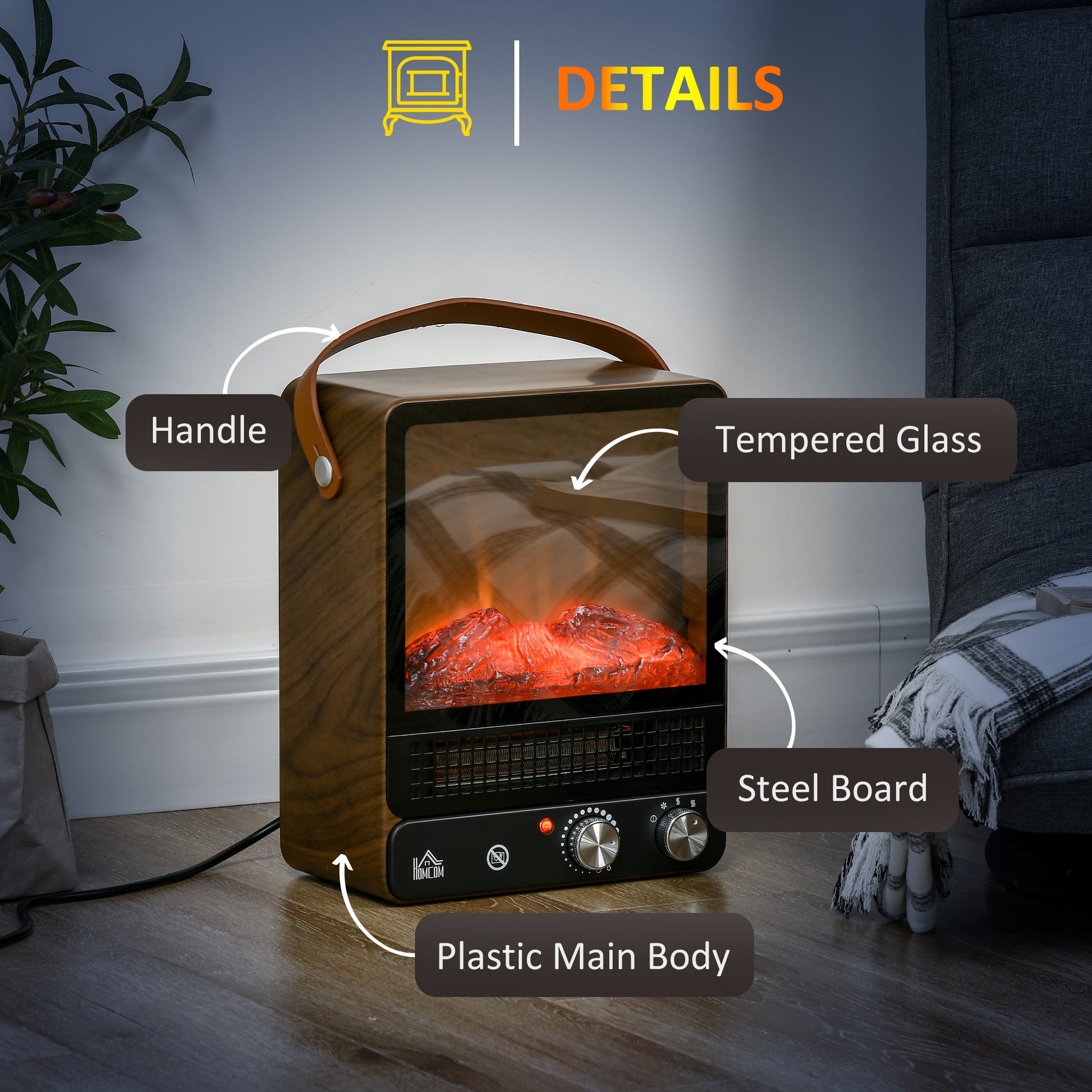 HOMCOM Tabletop Electric Fireplace with Handle, Freestanding Fireplace Heater with Realistic Flame Effect, Overheat Protection 750W/1500W Dark Walnut