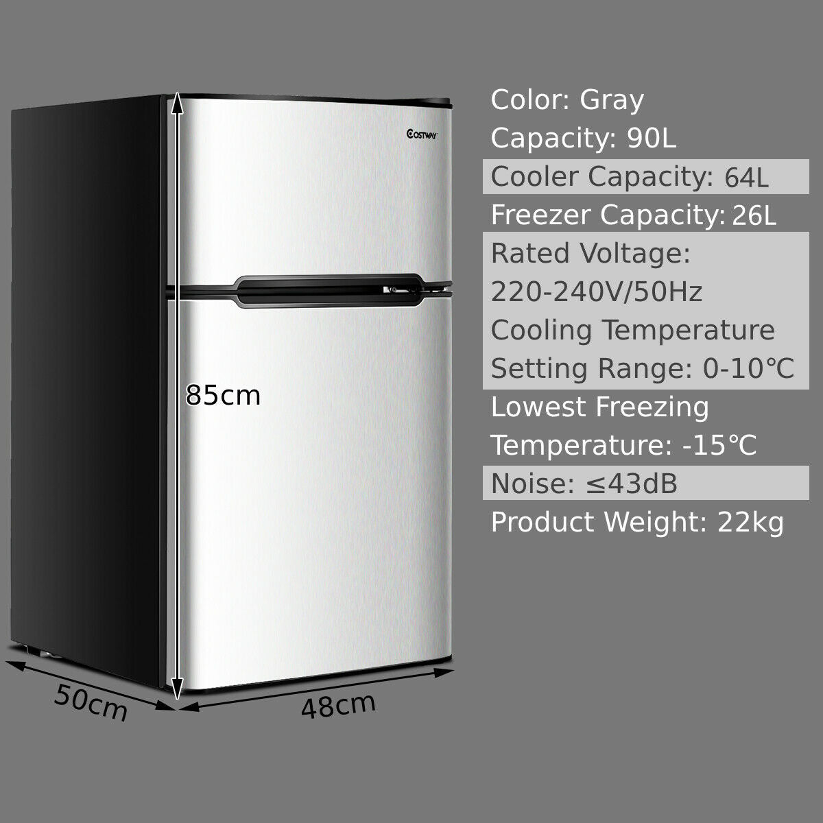 90L Freestanding Undercounter Refrigerator with 2 Reversible Door-Grey