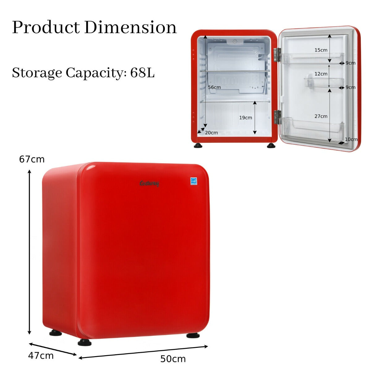 68L Compact Refrigerator with LED Light and Adjustable Thermostat-Red