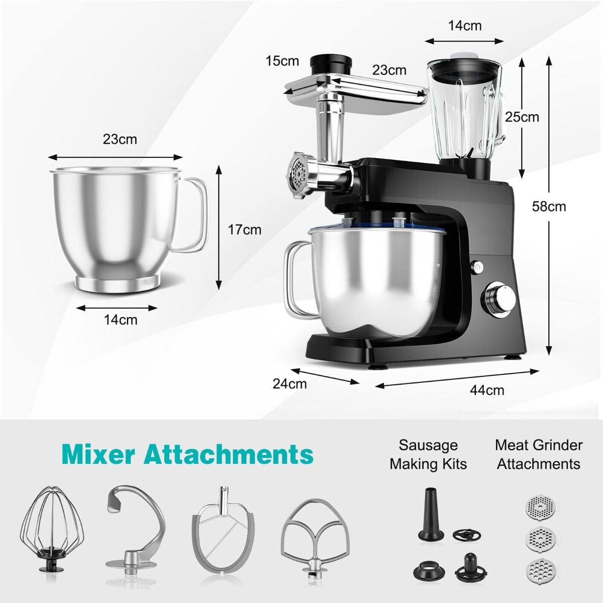 3 in 1 Electric Food Stand Mixer with Dough Hook and Mixing Bowl-Black