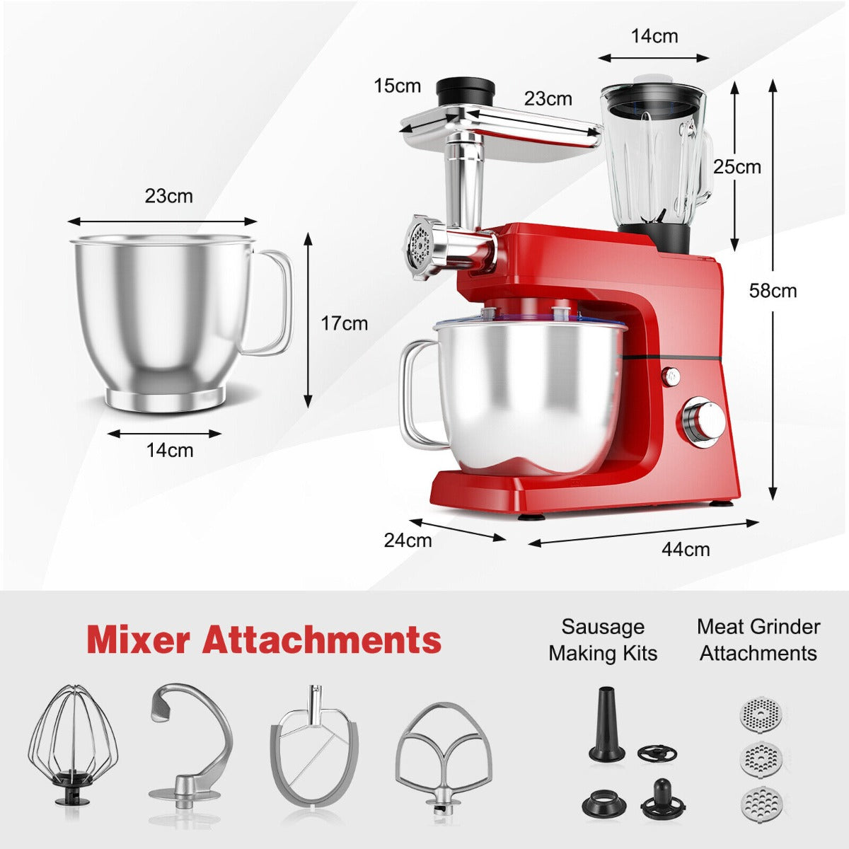 3 in 1 Electric Food Stand Mixer with Dough Hook and Mixing Bowl-Red