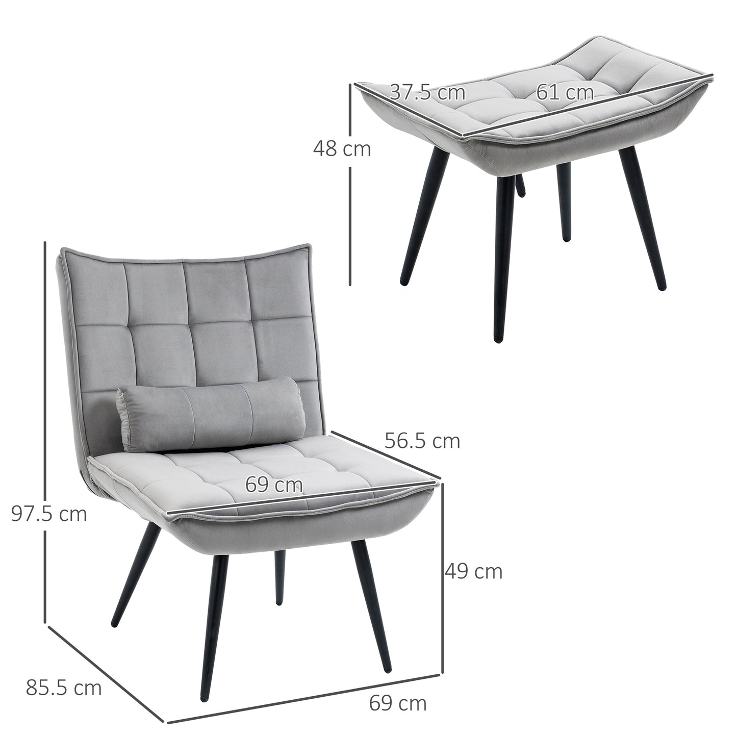 HOMCOM Armless Accent Chair w/ Footstool Set, Modern Tufted Upholstered Lounge Chair w/ Pillow, Steel Legs, Grey