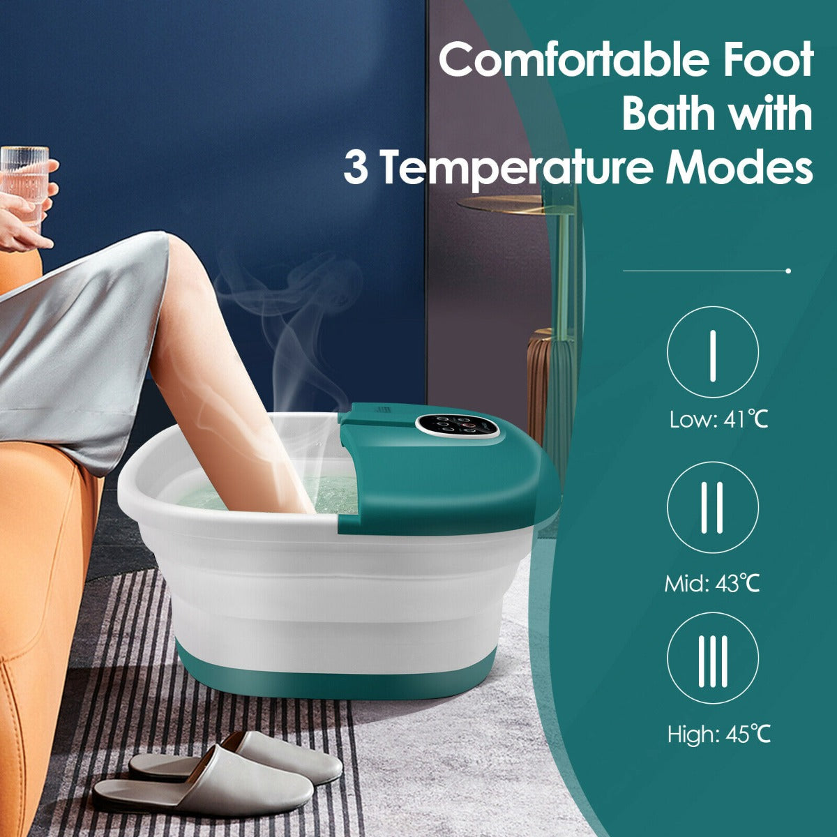 Foot Spa Bath Massager with Heat Bubbles and Remote Control-Teal Blue