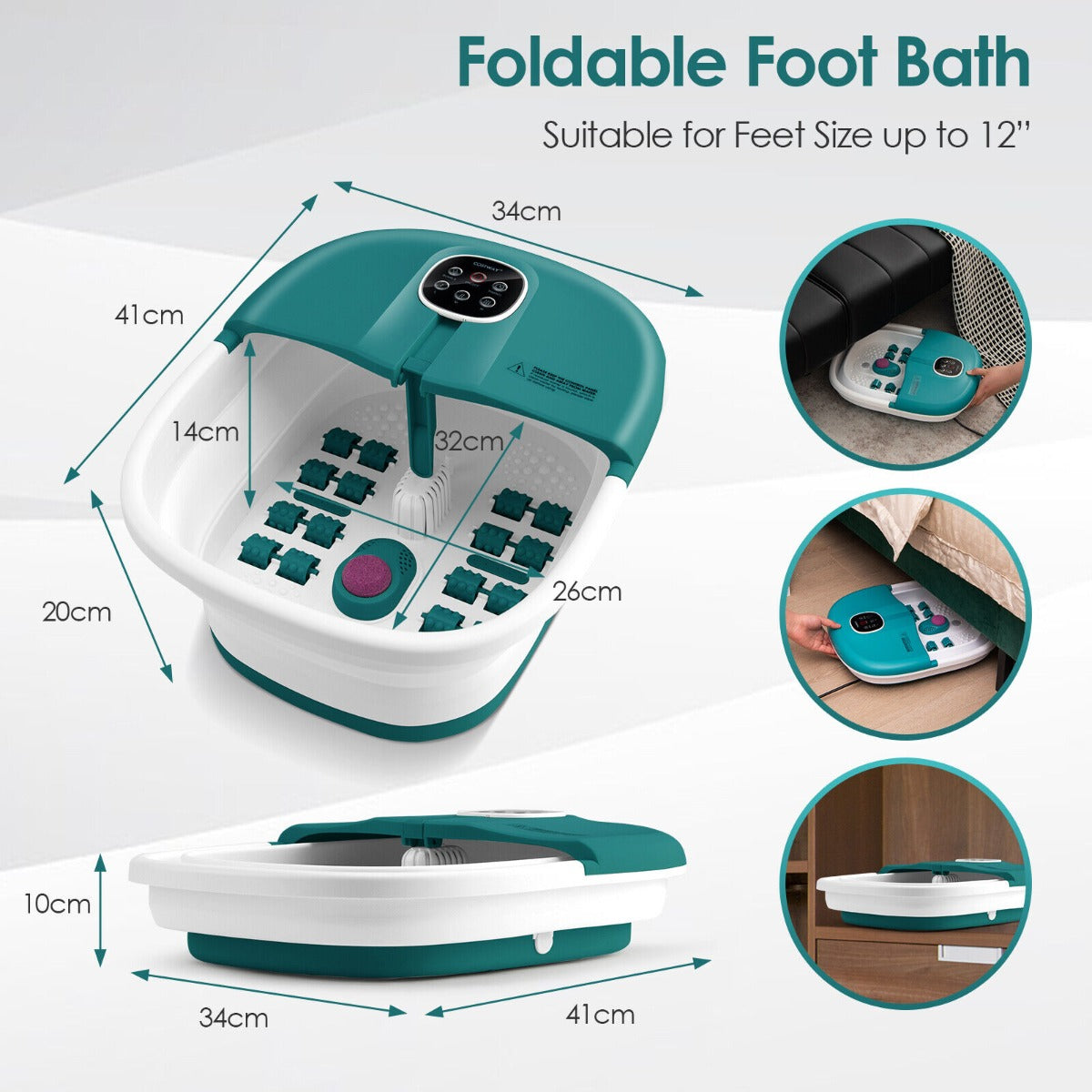 Foot Spa Bath Massager with Heat Bubbles and Remote Control-Teal Blue