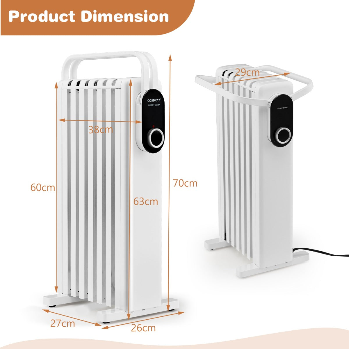 Portable Electric Heater with Overheat and Tip-Over Protection-White