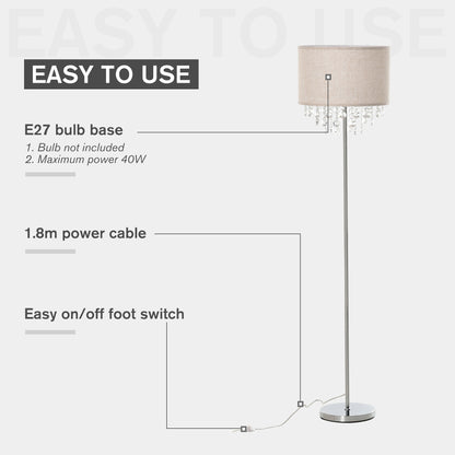 HOMCOM Modern Steel Floor Lamp with Crystal Pendant Fabric Lampshade Floor Switch, Home Style Standing Light, Silver and Cream White