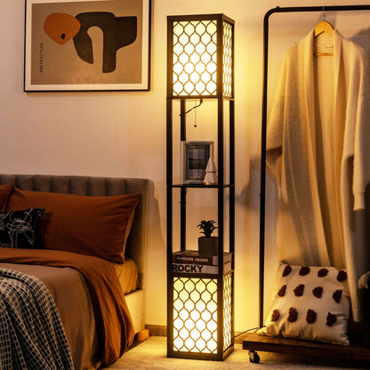 Double Floor Lamp with 2 Tier Storage Shelves and Foot Switch