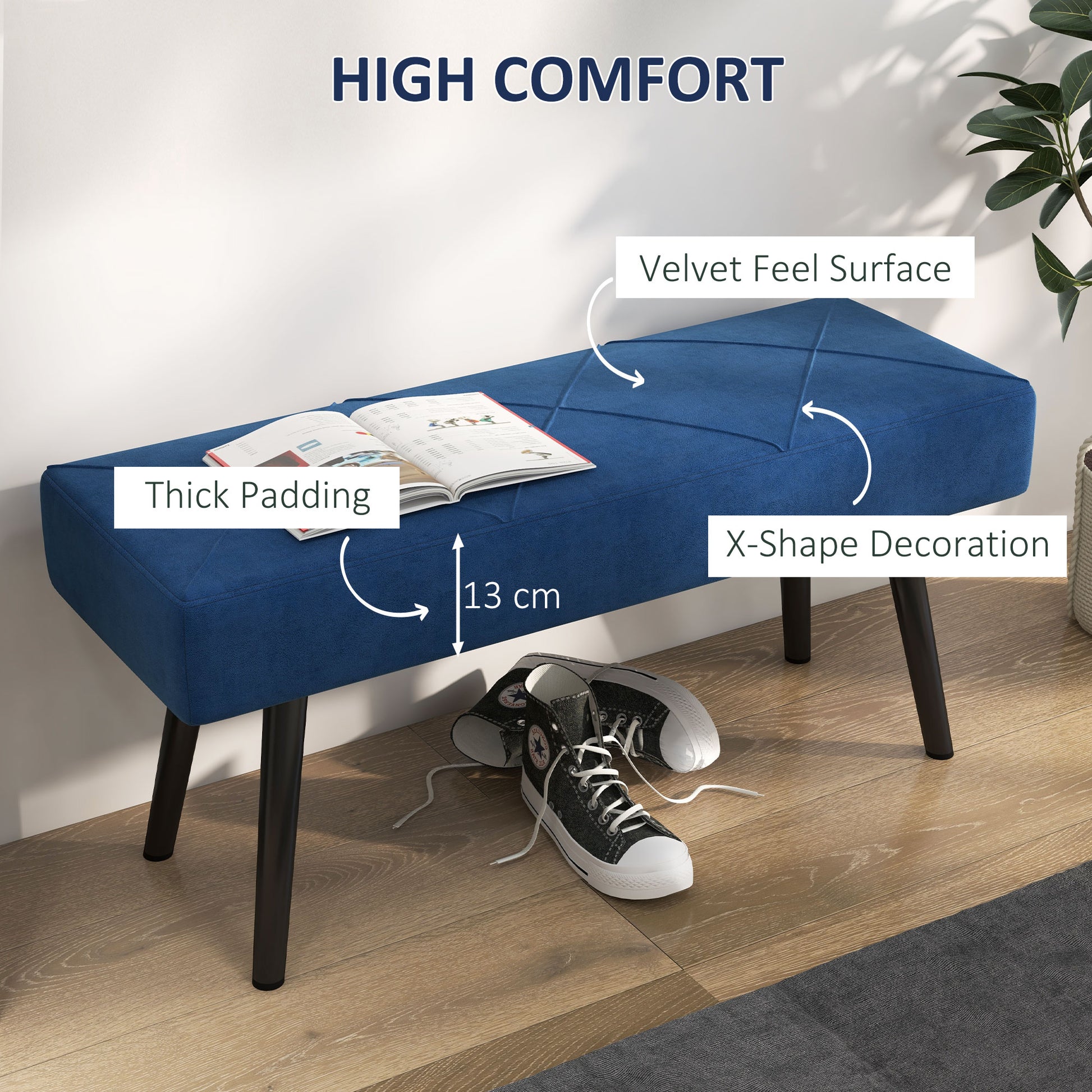 HOMCOM End of Bed Bench with X-Shape Design and Steel Legs, Upholstered Hallway Bench for Bedroom, Blue