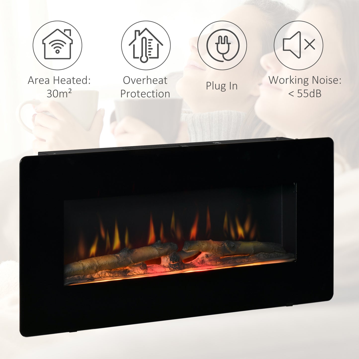 HOMCOM Electric Wall-Mounted Fireplace Heater with Adjustable Flame Effect, Remote Control, Timer, 1800/2000W, Black