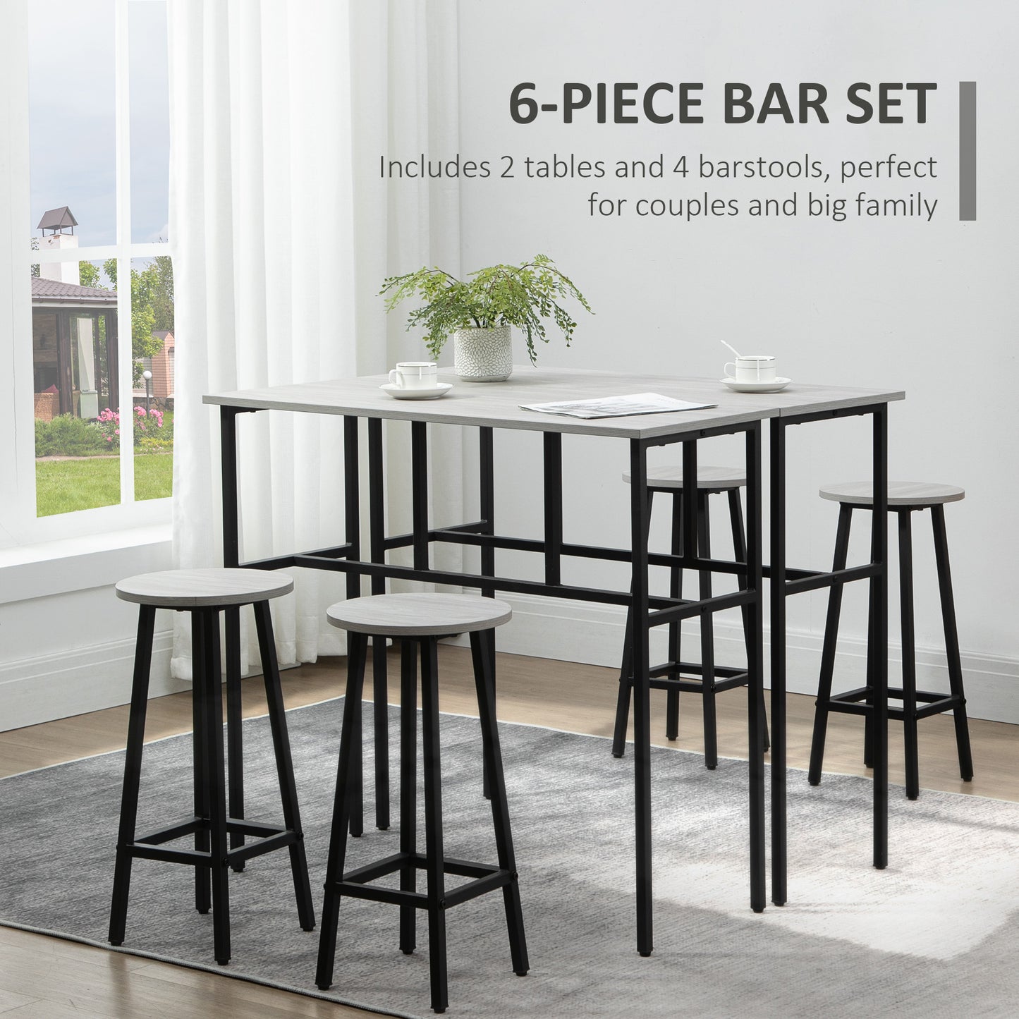 HOMCOM 6-Piece Bar Table Set, 2 Breakfast Tables with 4 Stools, Counter Height Dining Tables & Chairs for Kitchen, Living Room, Grey