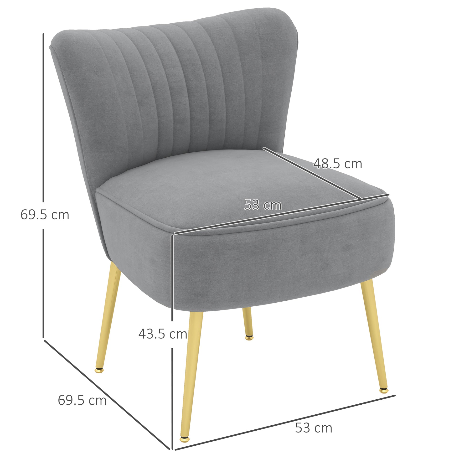 HOMCOM Set of 2 Accent Chairs, Upholstered Living Room Chairs with Gold Tone Steel Legs, Wingback Armless Chairs, Grey