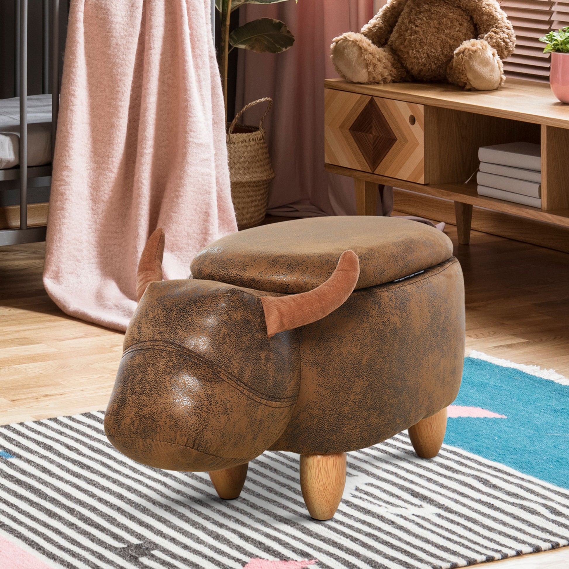 HOMCOM Animal footstool Buffalo Storage Stool Cute Kids Decoration Wood Frame Legs w/Padding Lid Ottoman Furniture Brown