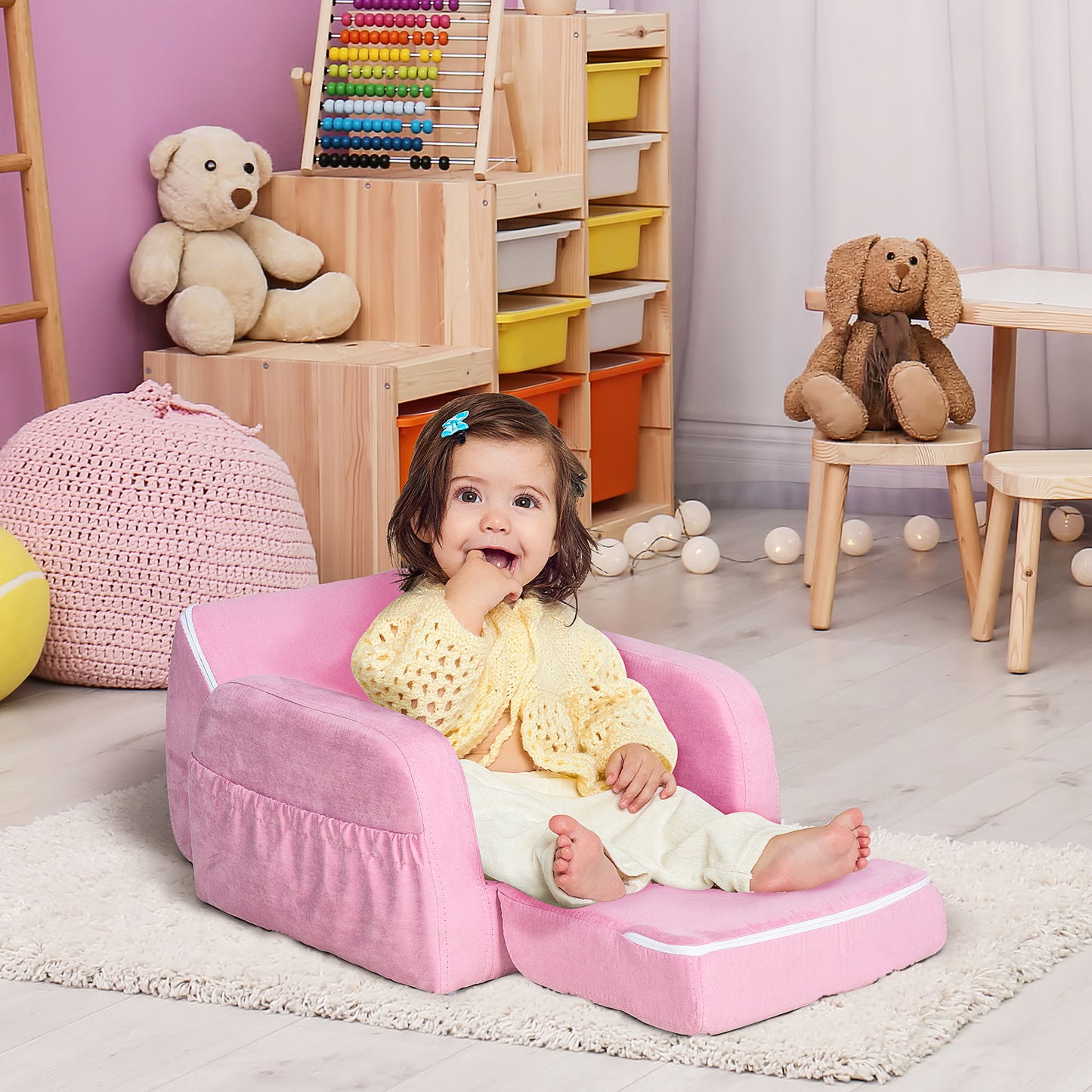 HOMCOM 2 In 1 Kids Armchair Sofa Bed Fold Out Padded Wood Frame Bedroom, Pink