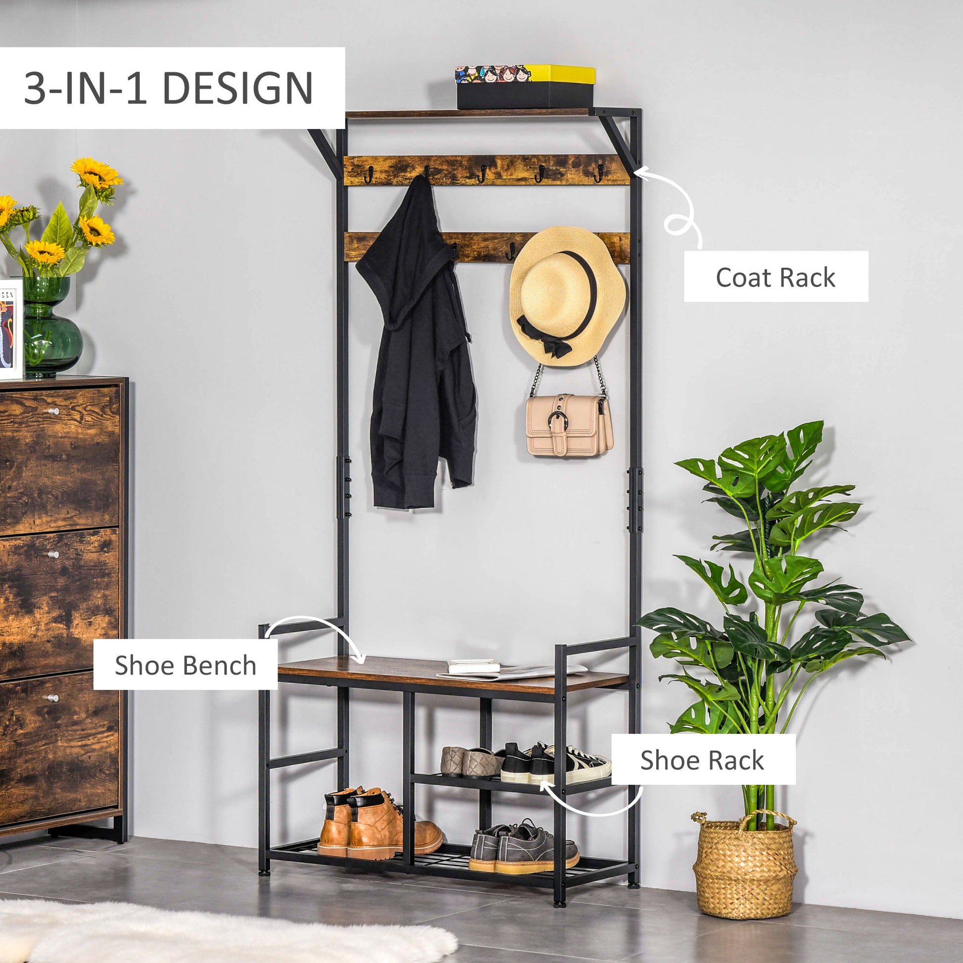 HOMCOM Coat Rack Coat Stand Shoe Storage Bench with 9 Hooks Shelves for Bedroom Living Room Entryway Brown and Black 180cm