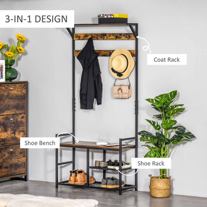 HOMCOM Coat Rack Coat Stand Shoe Storage Bench with 9 Hooks Shelves for Bedroom Living Room Entryway Brown and Black 180cm