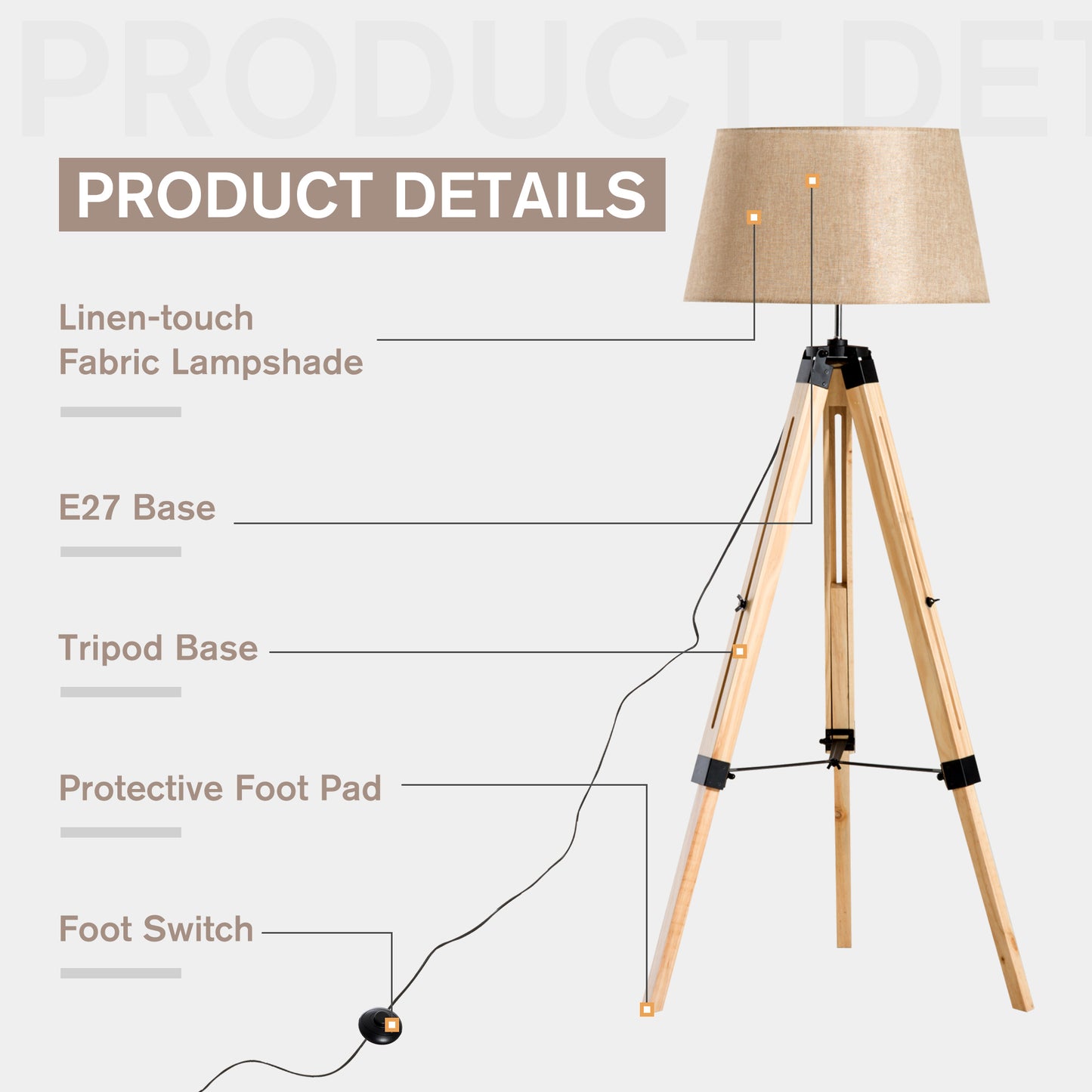 HOMCOM Tripod Floor Lamp Wooden Adjustable Modern Illumination Design E27 Bulb Compatible (Cream Shade) 99-143H