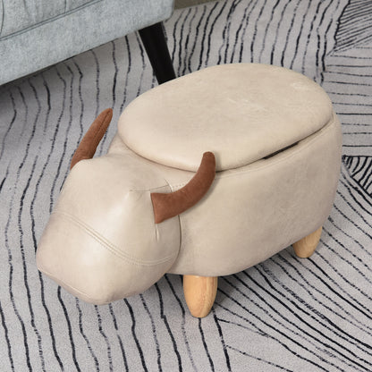 HOMCOM Animal footstool Buffalo Storage Stool Cute Kids Decoration Wood Frame Legs w/Padding Lid Ottoman Furniture Ivory