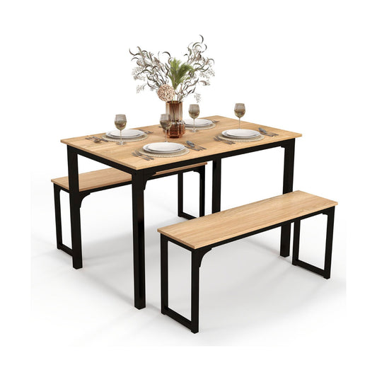 3 Pieces Space-Saving Dining Breakfast Table Set with 2 Benches-Natural