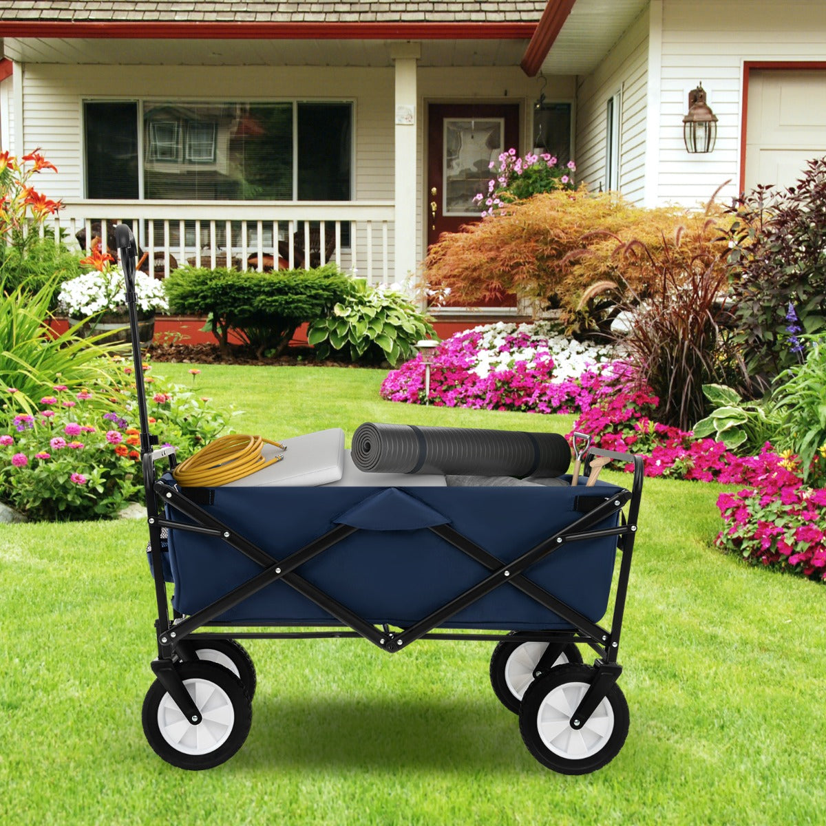 eavy Duty Camping Garden Cart with Adjustable Handle and Drink Holders-Navy