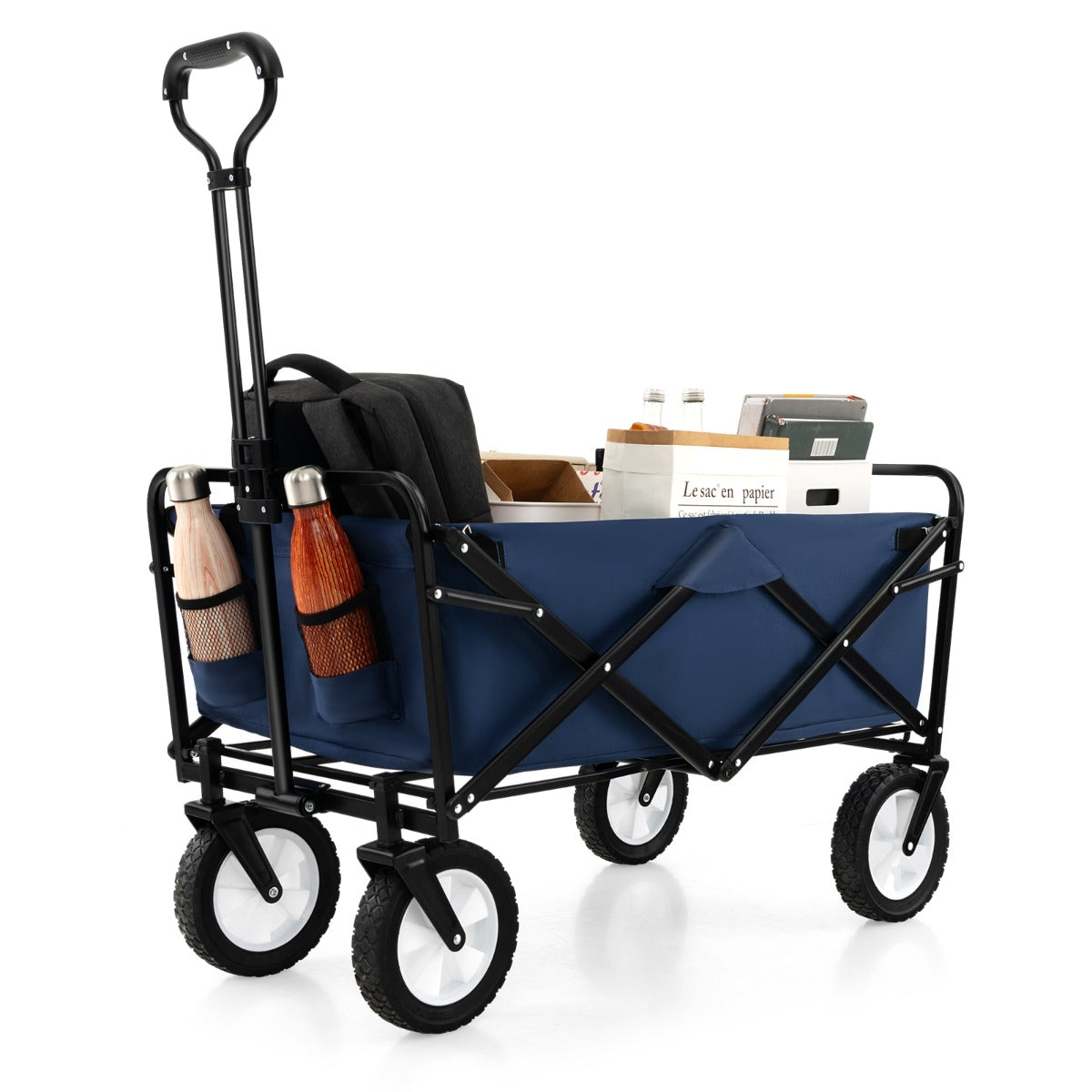 eavy Duty Camping Garden Cart with Adjustable Handle and Drink Holders-Navy