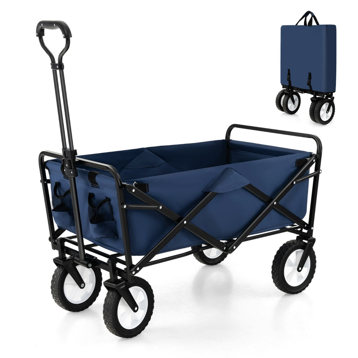 eavy Duty Camping Garden Cart with Adjustable Handle and Drink Holders-Navy