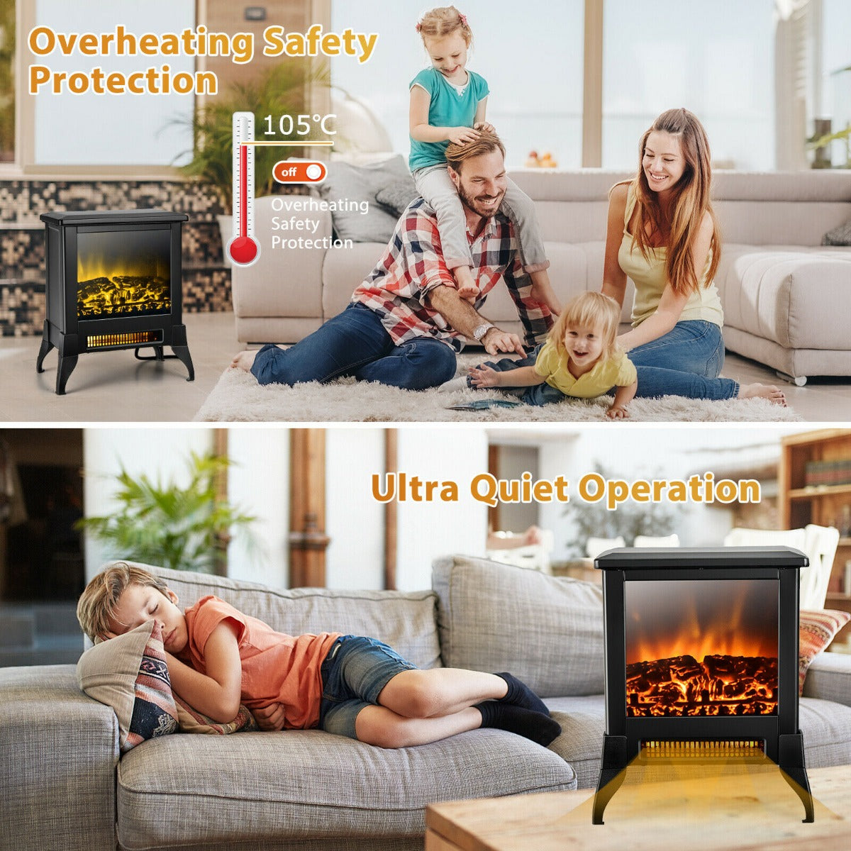 2000W Electric Freestanding Fireplace Stove Heater with Adjustable Thermostat-Black