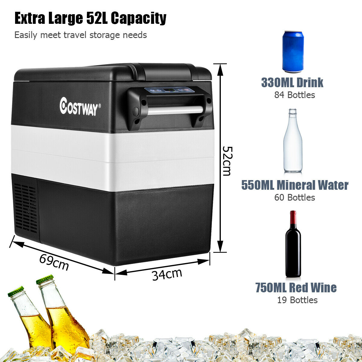 52L Compressor Refrigerator with 2 Modes and LCD Display Screen-Black