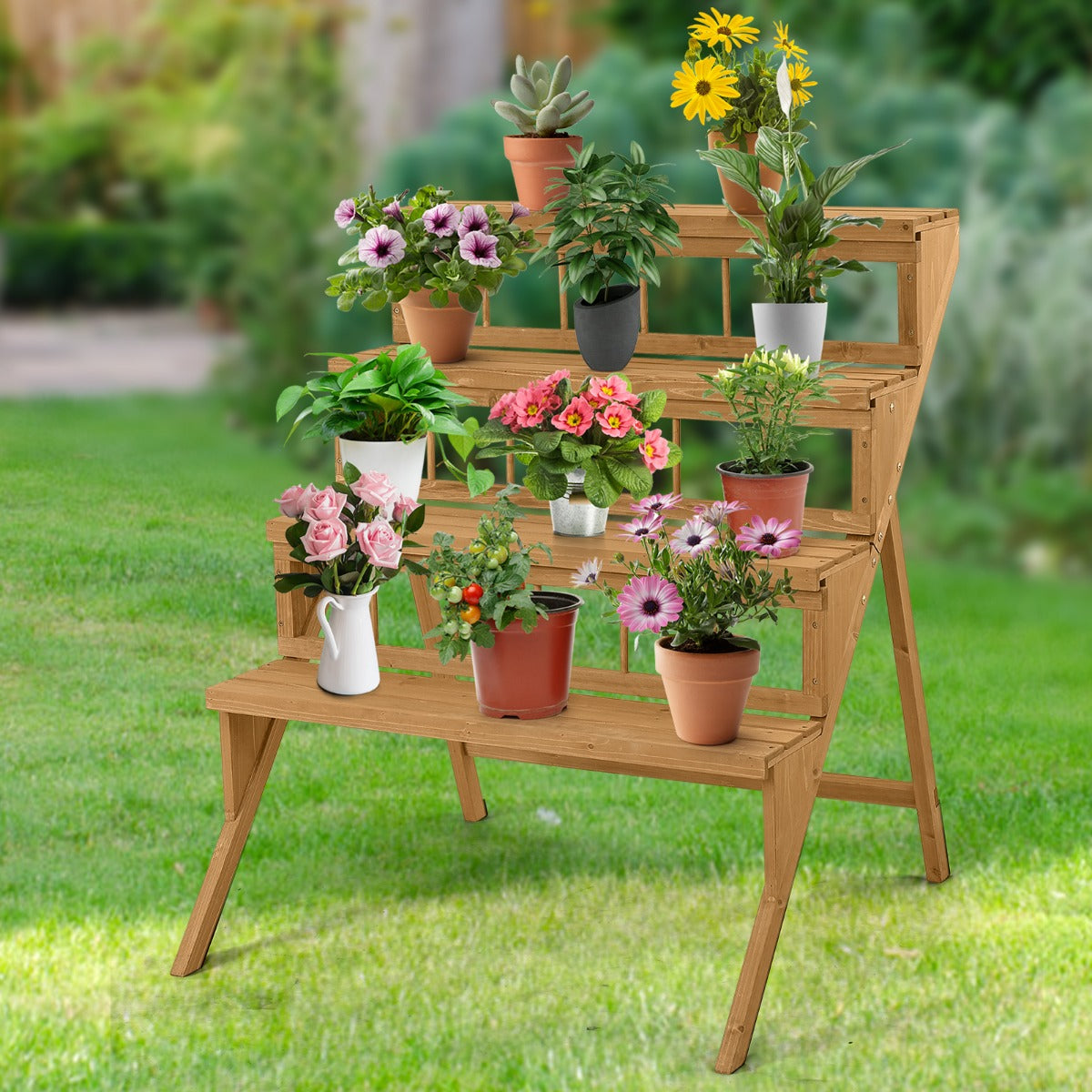 4-Tier Wooden Plant Stand with Sturdy Structure for Garden Patio Balcony Easy Assembly