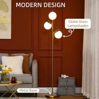 HOMCOM 3-Light Tree Floor Lamps for Living Room, Modern Standing Lamp for Bedroom with Globe Lampshade, Steel Base, (Bulb not Included), Gold Tone