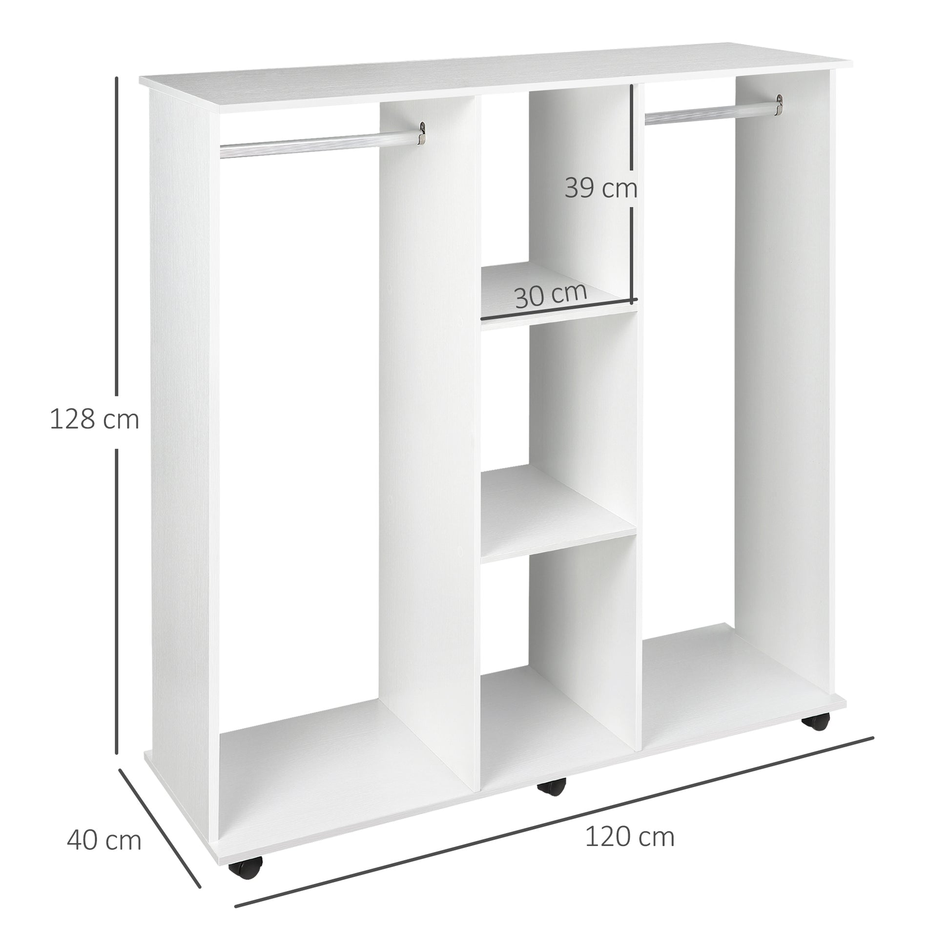 HOMCOM Double Mobile Open Wardrobe With Clothes Hanging Rails Storage Shelves Organizer Bedroom Furniture - White