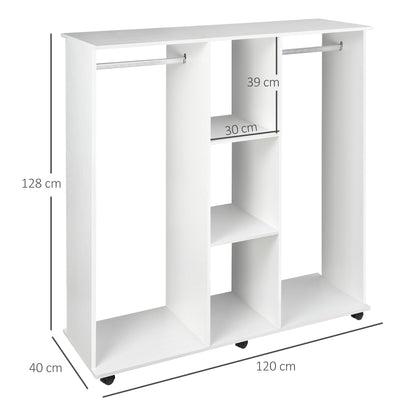 HOMCOM Double Mobile Open Wardrobe With Clothes Hanging Rails Storage Shelves Organizer Bedroom Furniture - White