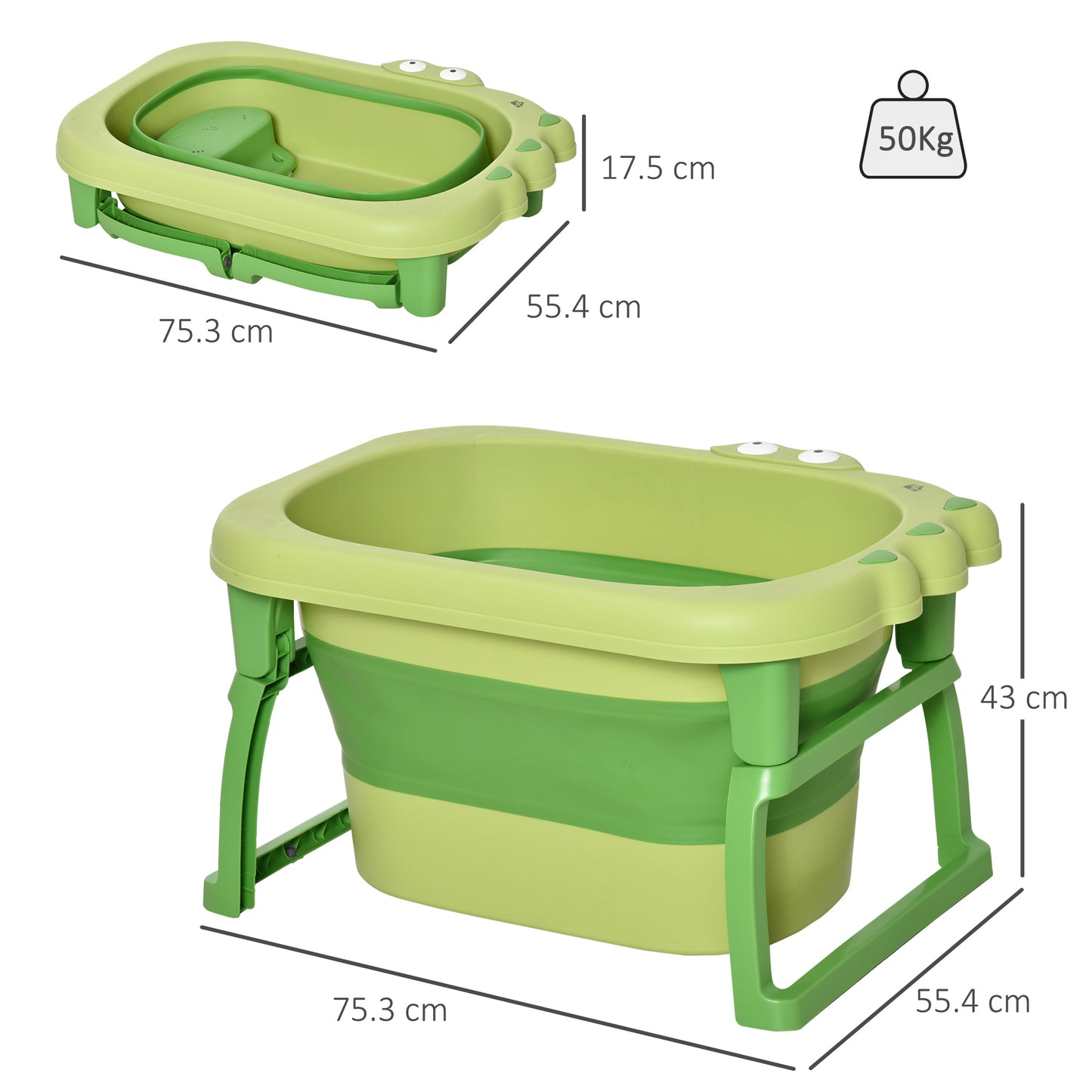 HOMCOM Baby Bath Tub for 0-6 Years Collapsible Non-Slip Portable with Stool Seat for Newborns Infants Toddlers Kids Crocodile Shape Green