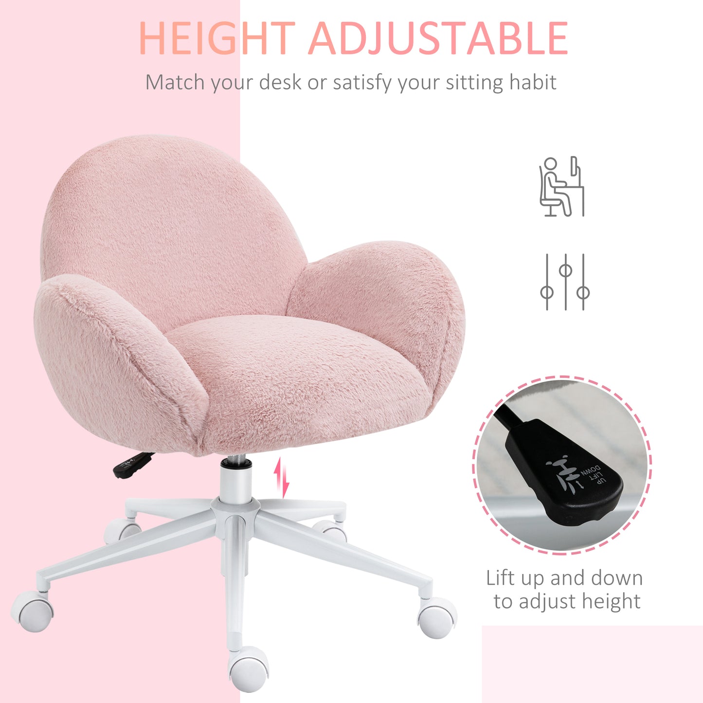 HOMCOM Fluffy Leisure Chair Office Chair with Backrest and Armrest for Home Bedroom Living Room with Wheels Pink