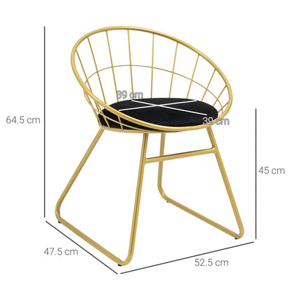 HOMCOM Modern Dining Chairs Set of 2, Metal Wire Kitchen Chair with Velvet-feel Cushion, Round Back and Steel Frame for Living Room, Bedroom, Gold