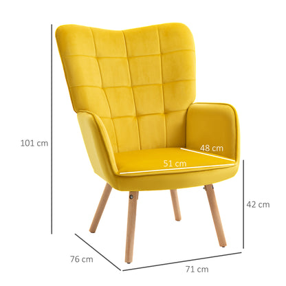 HOMCOM Modern Accent Chair Velvet-Touch Tufted Wingback Armchair Upholstered Leisure Lounge Sofa Club Chair with Wood Legs, Set of 2, Yellow