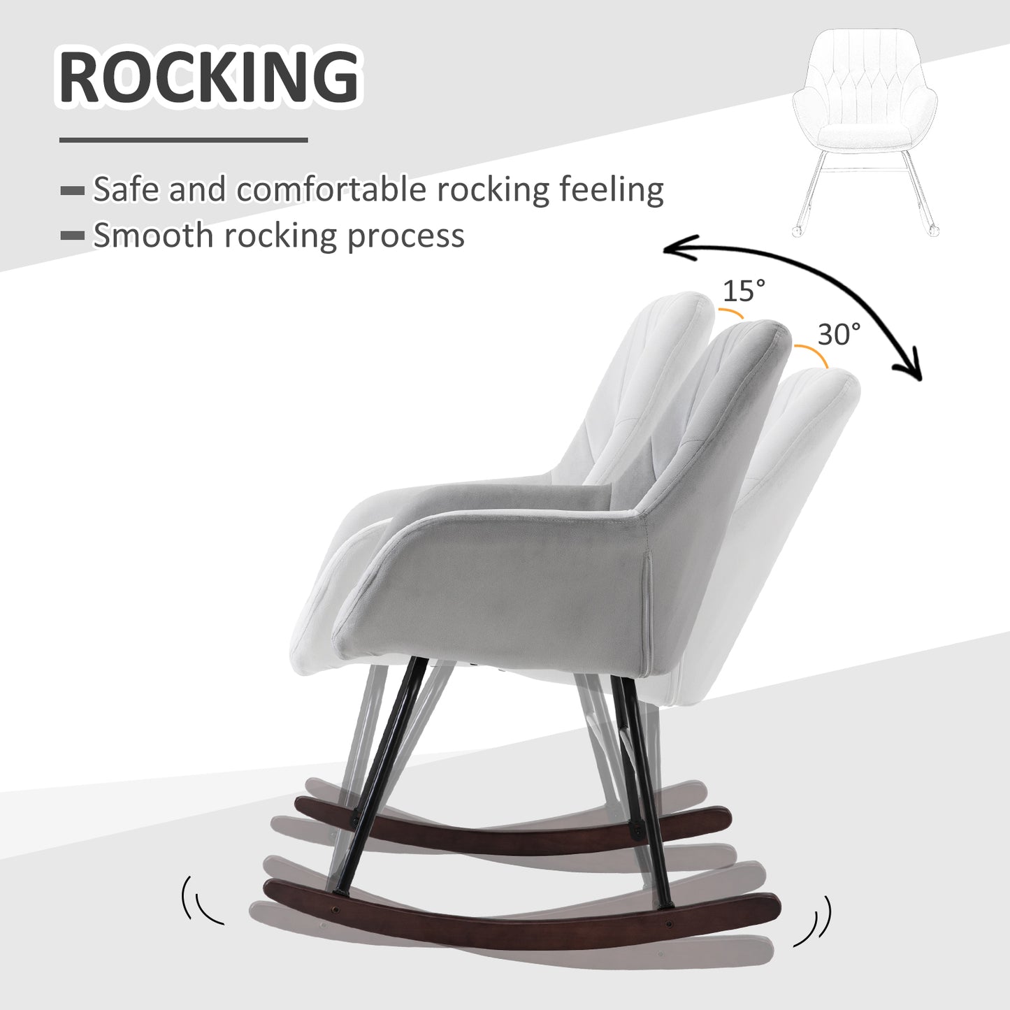 HOMCOM Rocking Chair Reading Accent Armchair with Steel Frame Sponge Padded for Living Room, Dining Room, Office, Balcony, Grey and Black