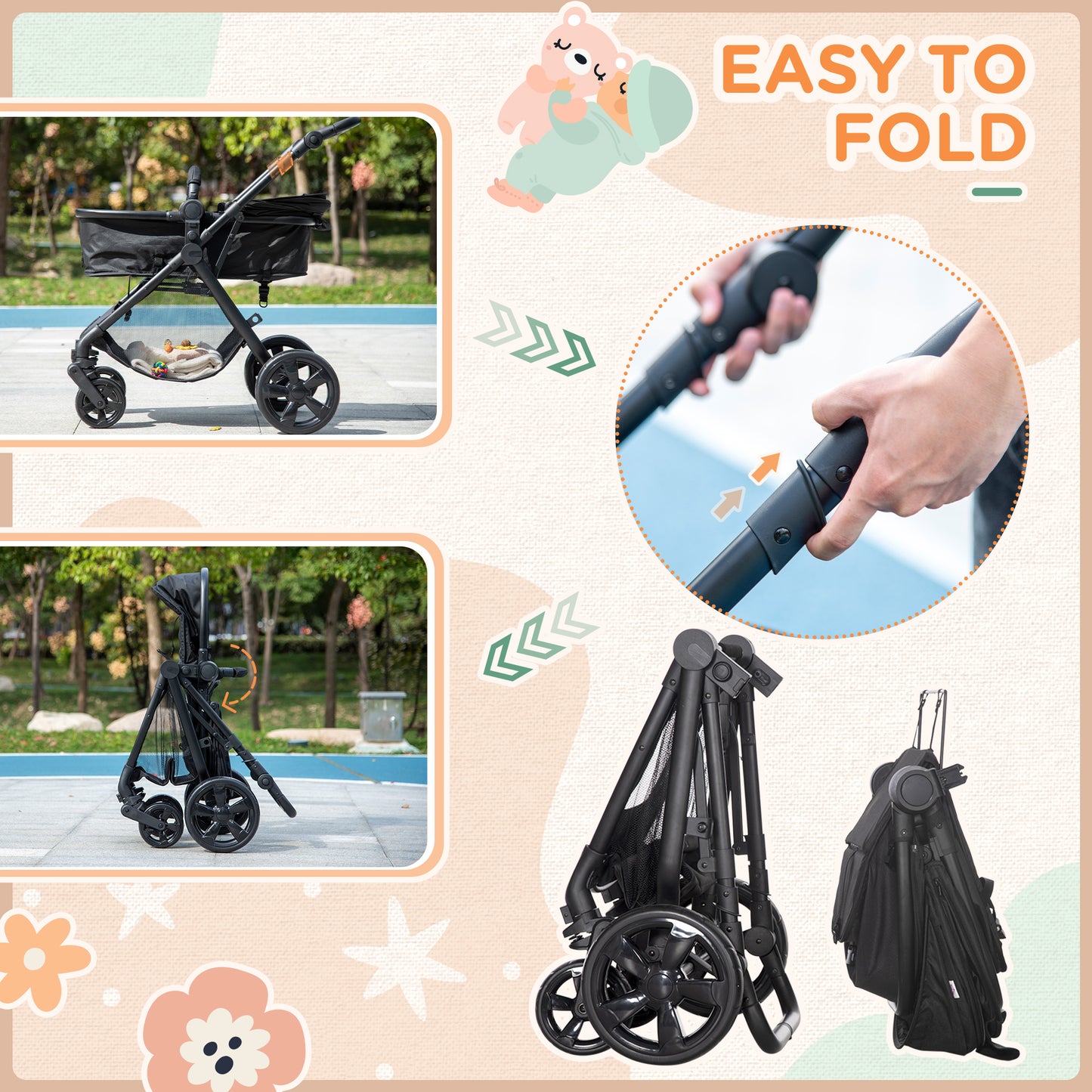 HOMCOM 2 in 1 Lightweight Pushchair w/ Reversible Seat, Foldable Travel Baby Stroller w/ Fully Reclining From Birth to 3 Years, 5-point Harness Black