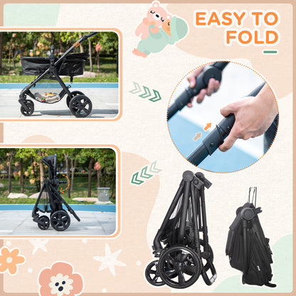 HOMCOM 2 in 1 Lightweight Pushchair w/ Reversible Seat, Foldable Travel Baby Stroller w/ Fully Reclining From Birth to 3 Years, 5-point Harness Black