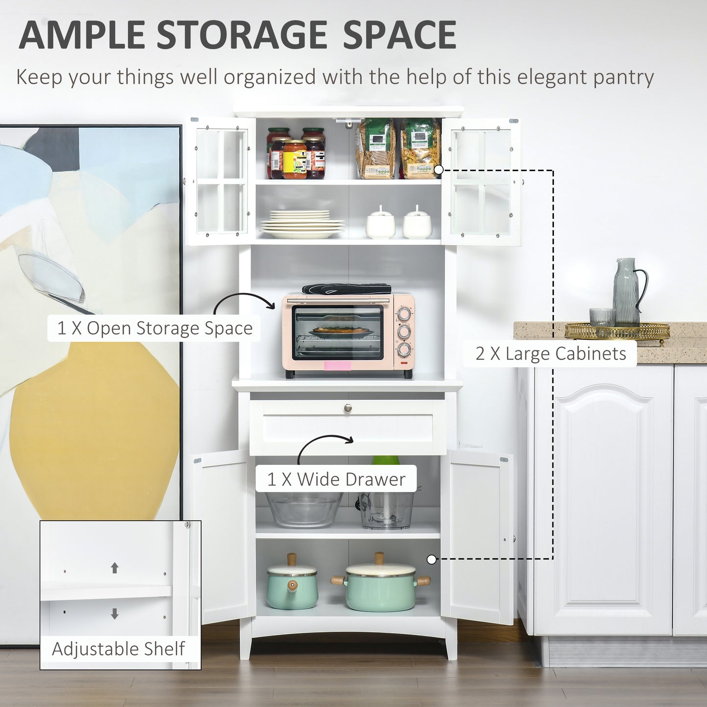 HOMCOM Kitchen Buffet and Hutch Wooden Storage Cupboard w/ Framed Glass Door, Drawer, Space for Dining and Living Room, 68.6W x 40D x 164Hcm, White