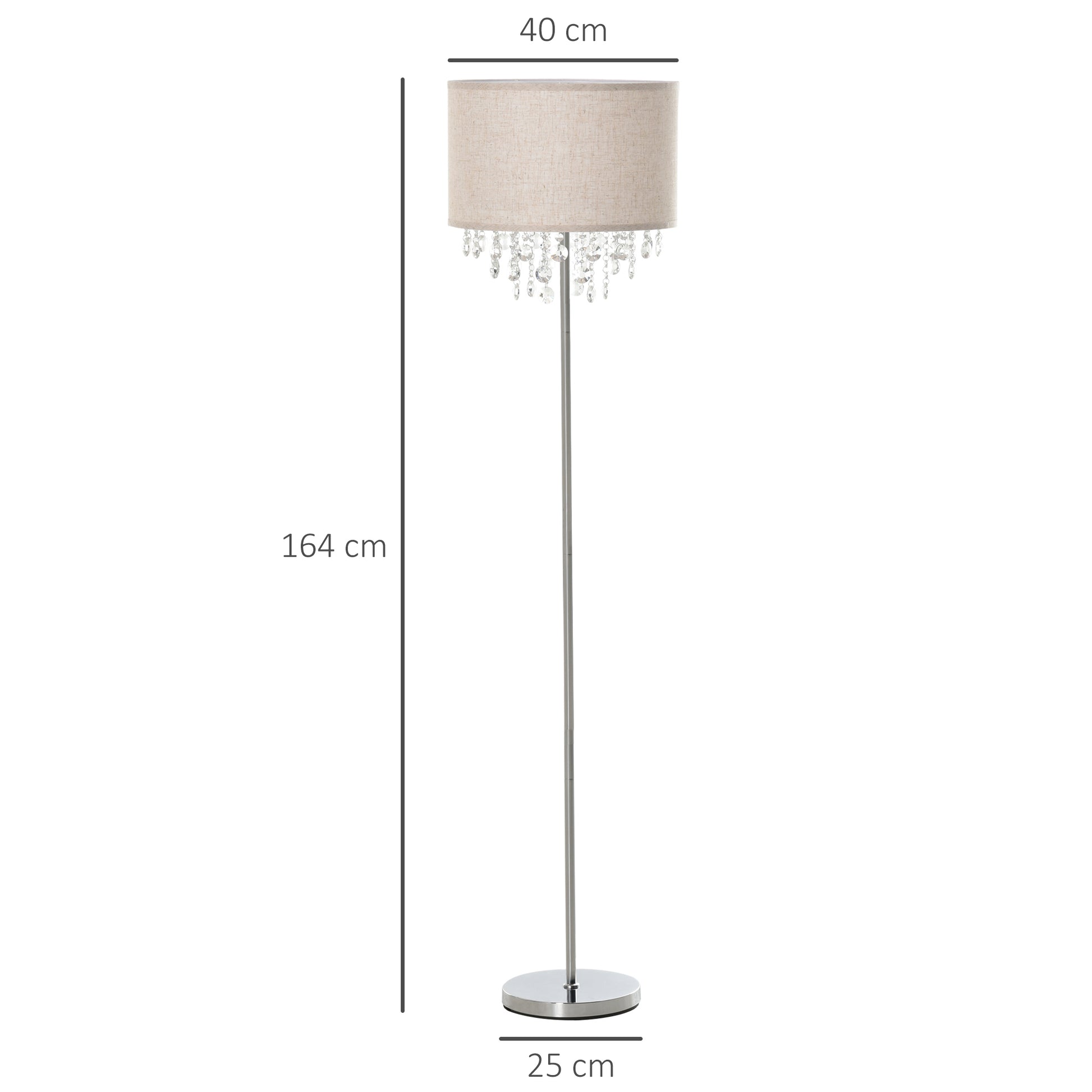 HOMCOM Modern Steel Floor Lamp with Crystal Pendant Fabric Lampshade Floor Switch, Home Style Standing Light, Silver and Cream White